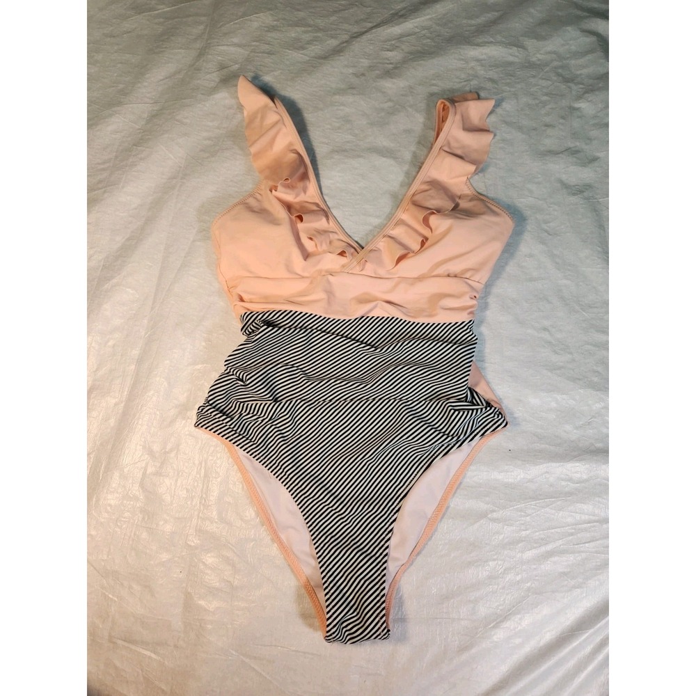 Cupshe One Piece Swimsuit Medium Black White Stripe M Pink